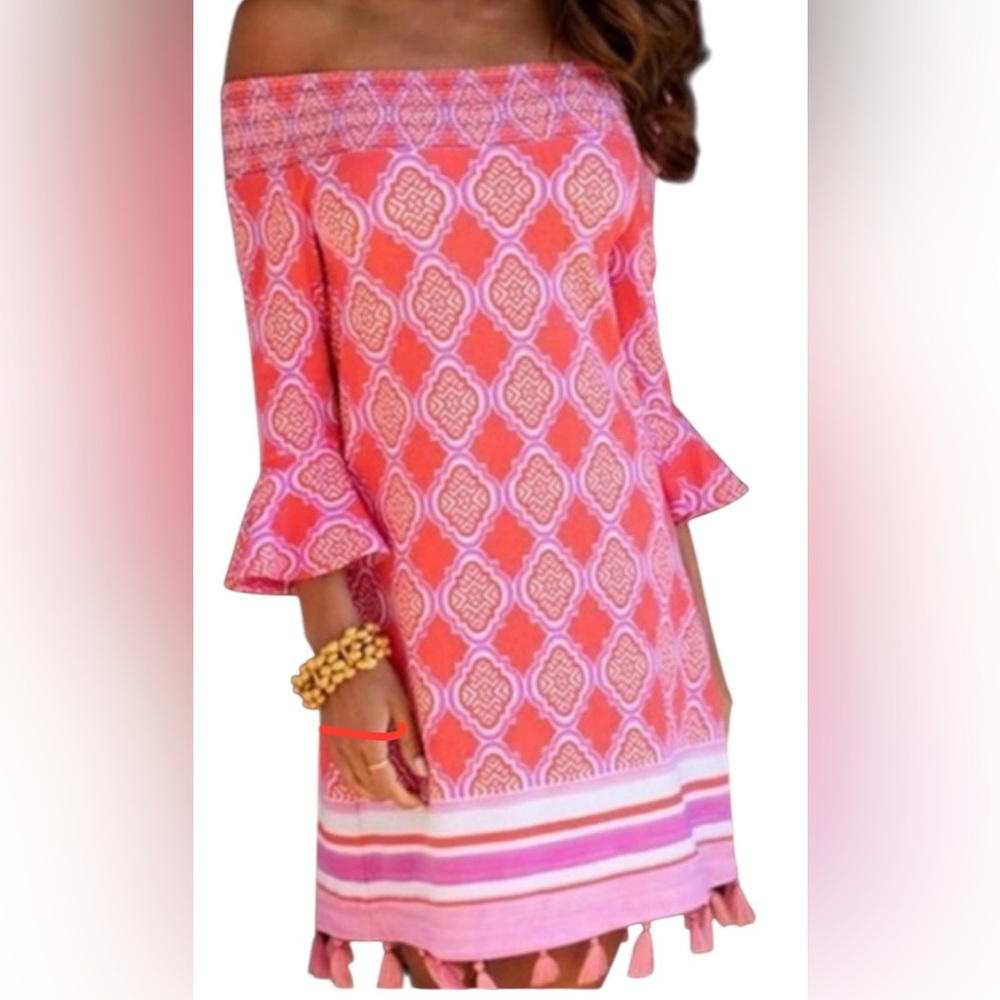 NWT Cabana Life Off The Shoulder Smocked Dress Large Pink Coral Tassle Tulip